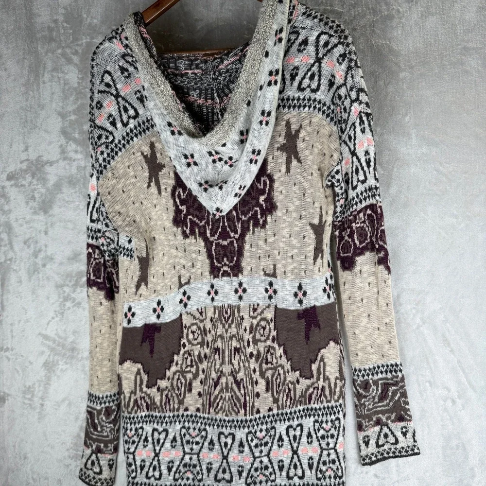 Indie Boho Free People Hooded Duster Cardigan Burgundy Knit Star Long Sweater S - Picture 4 of 8